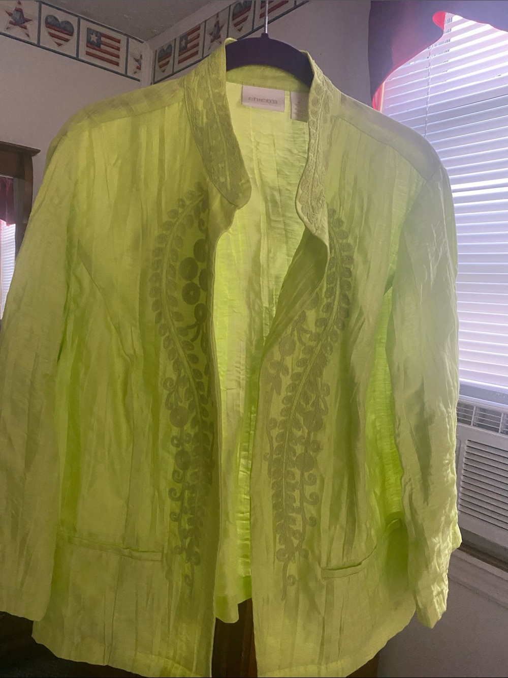 Chico's Lime Green Embroidered Open-Front Jacket Linen Blend